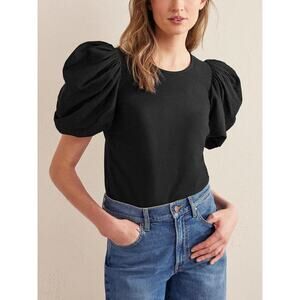 Boden Womens Black Solid Waffle Knit Puff Sleeve Stretch Pullover Jersey Top 2